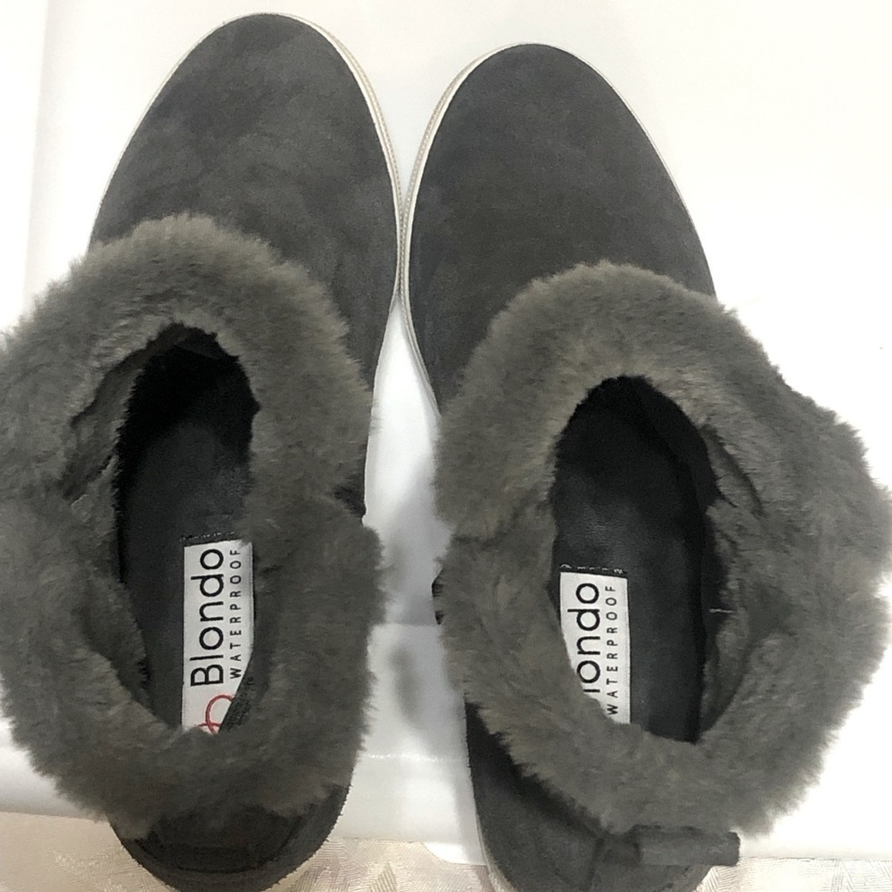 Blondo Glade Dark Grey Suede Leather Waterproof Faux Fur Trim Zip Sneaker sz 7.5 - Picture 11 of 11